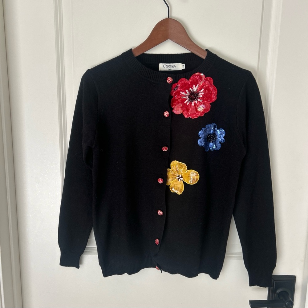 Stunning Cristina Paris Black Cardigan  3-D Sequin Appliqué Flowers Sz TU S/M